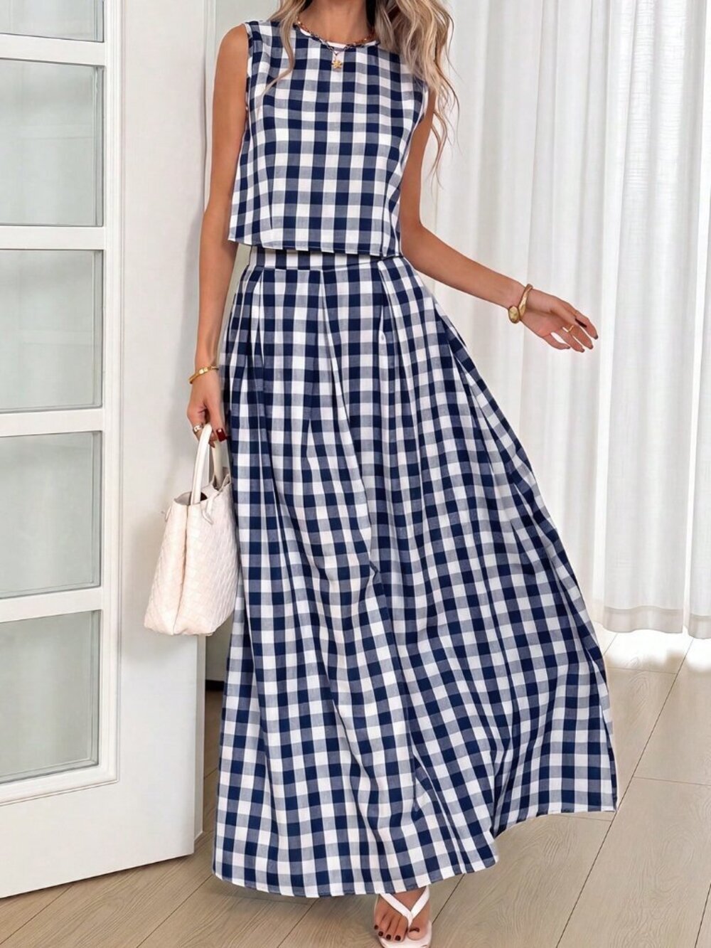 Navy Blue Casual Women's Plaid Print Sleeveless Top And Skirt 2-Piece Set - Picture 3 of 6